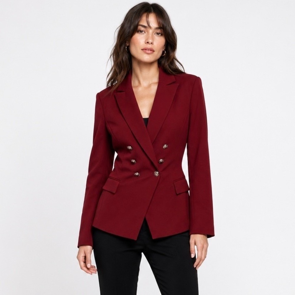 WHBM Double Breasted Trophy Blazer Size 14 P Ponte Knit Military Burgundy Silver